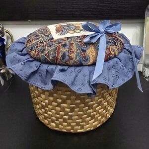 Woven Basket with Blue Fabric Lid Doll/cat